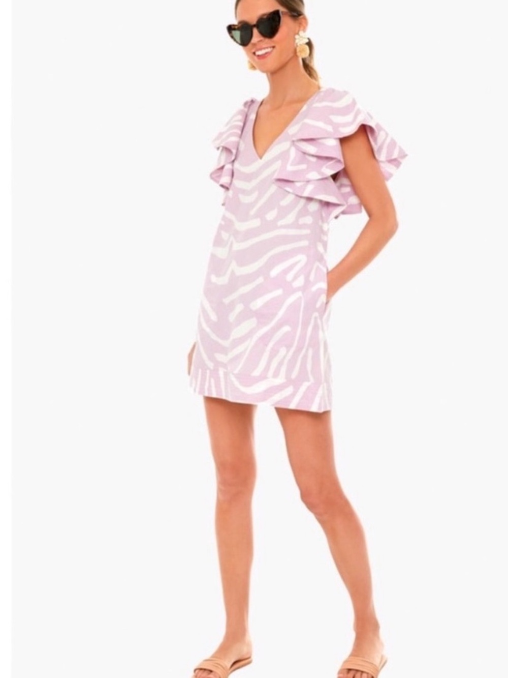 Oliphant Light Pink Zebra-Print Ruffle Sleeve Mini Dress